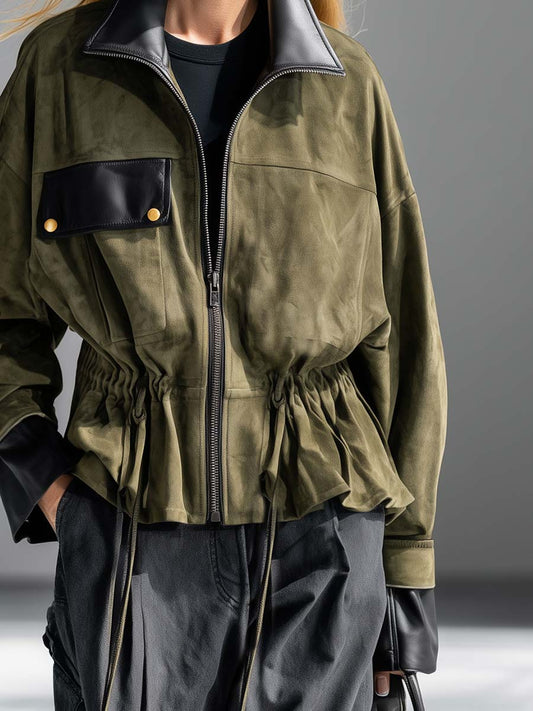 Pina&Noir | Zeytin Süet Görünümlü Deri Biyeli Fermuarlı Büzgülü Bel Oversize Utility Ceket