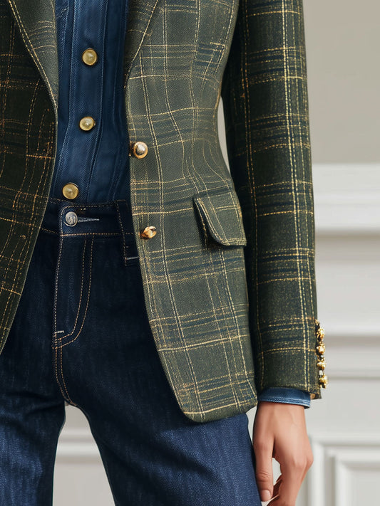Pina&Noir | Sade Retro Koyu Yeşil Ekose Blazer
