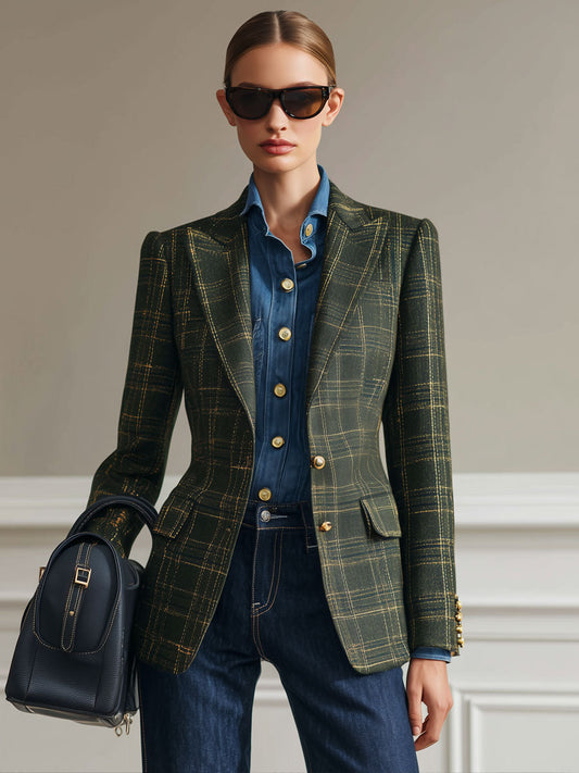 Pina&Noir | Sade Retro Koyu Yeşil Ekose Blazer
