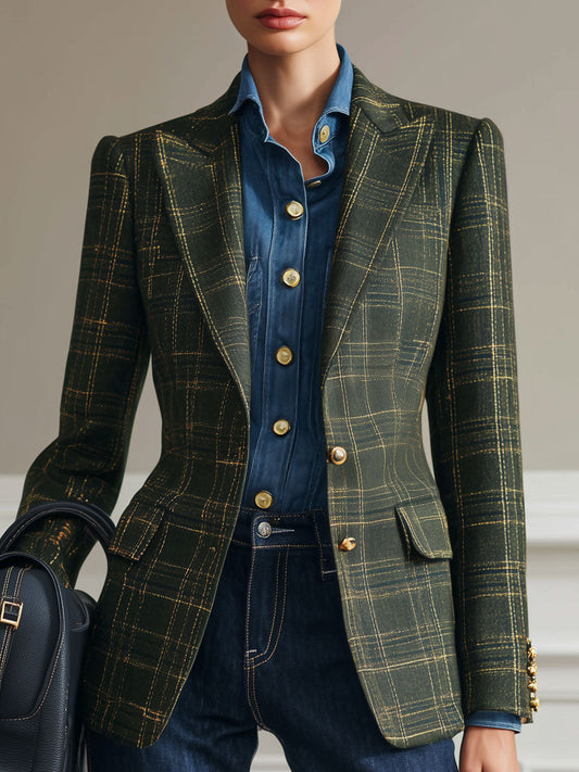 Pina&Noir | Sade Retro Koyu Yeşil Ekose Blazer