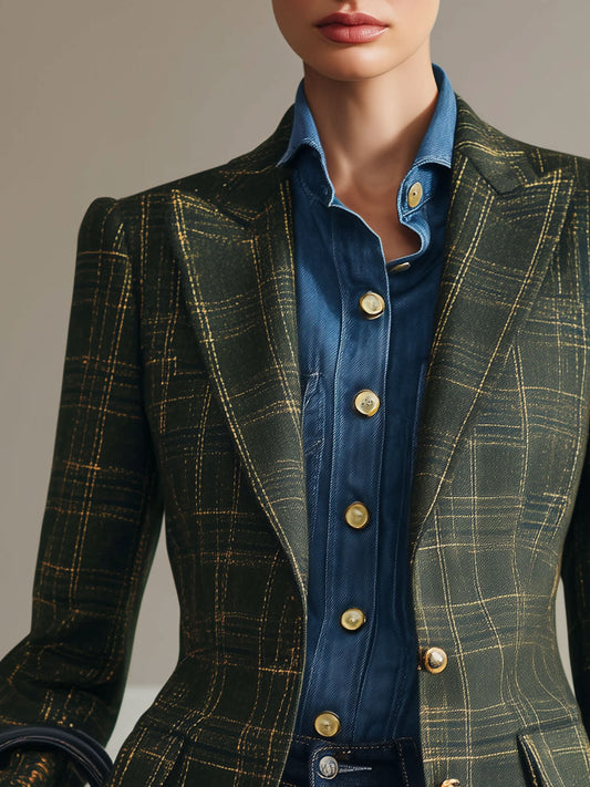 Pina&Noir | Sade Retro Koyu Yeşil Ekose Blazer
