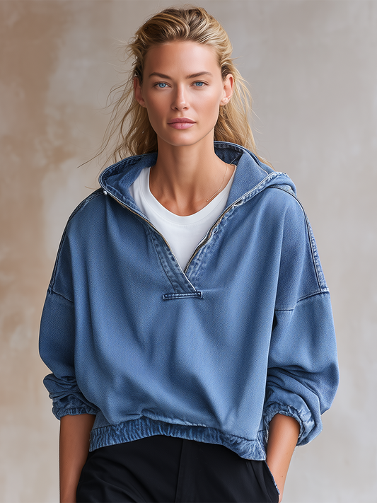 Pina&Noir | Amerikan Kapüşonlu Yarım Fermuarlı Bol Kesim Crop Kot Sweatshirt