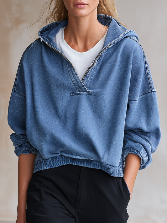 Pina&Noir | Amerikan Kapüşonlu Yarım Fermuarlı Bol Kesim Crop Kot Sweatshirt