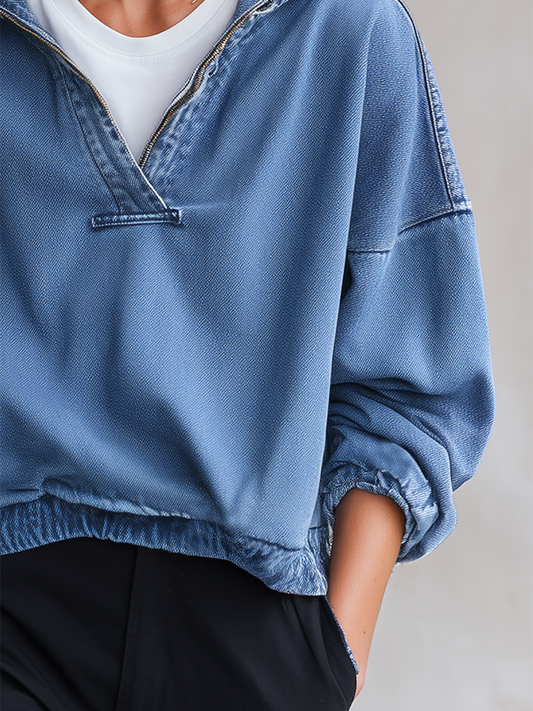 Pina&Noir | Amerikan Kapüşonlu Yarım Fermuarlı Bol Kesim Crop Kot Sweatshirt