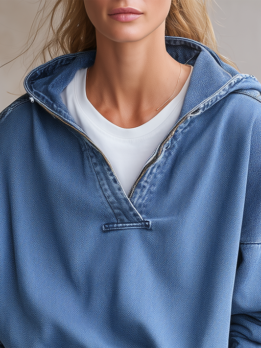 Pina&Noir | Amerikan Kapüşonlu Yarım Fermuarlı Bol Kesim Crop Kot Sweatshirt