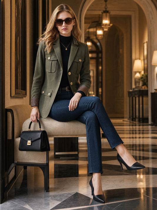 Pina&Noir | Günlük Retro Yılan Desenli Kollu Çok Cepli Zeytin Yeşili Blazer