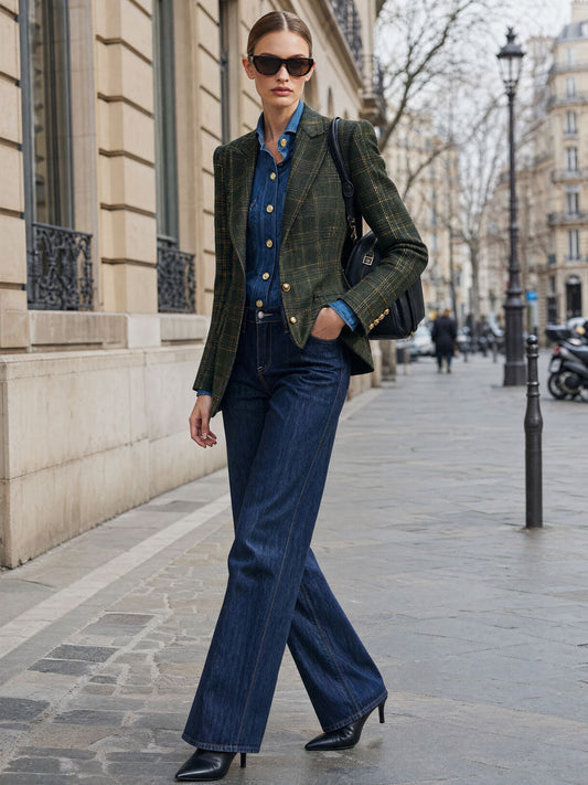 Pina&Noir | Sade Retro Koyu Yeşil Ekose Blazer