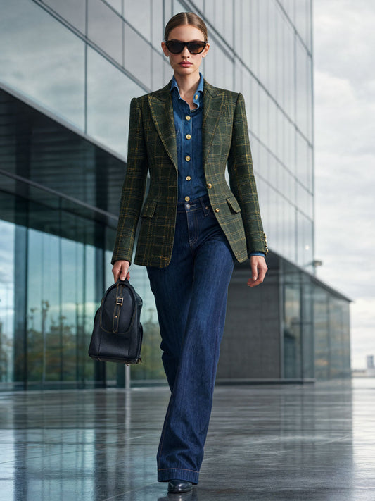 Pina&Noir | Sade Retro Koyu Yeşil Ekose Blazer