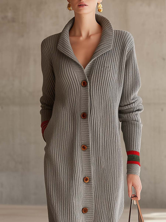 Pina&Noir | Gri Kalın Fitilli Yakalı Düğmeli Varsity Çizgili Oversize Maxi Hırka