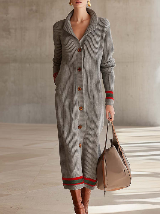 Pina&Noir | Gri Kalın Fitilli Yakalı Düğmeli Varsity Çizgili Oversize Maxi Hırka