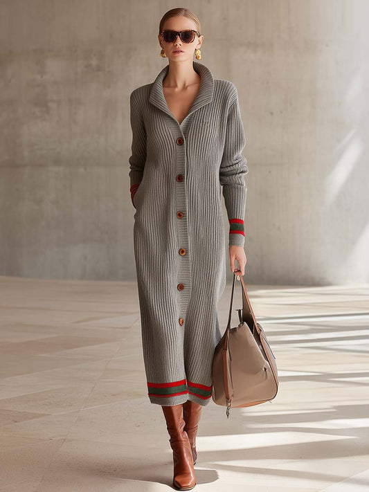 Pina&Noir | Gri Kalın Fitilli Yakalı Düğmeli Varsity Çizgili Oversize Maxi Hırka