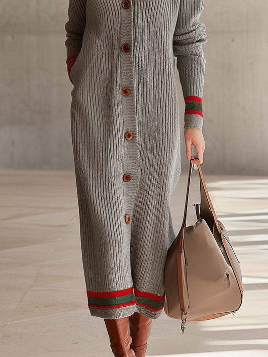 Pina&Noir | Gri Kalın Fitilli Yakalı Düğmeli Varsity Çizgili Oversize Maxi Hırka
