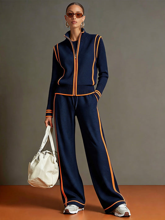 Pina&Noir | Günlük Spor Renk Bloklu Lacivert Fermuarlı Sweatshirt ve Bol Paça Pantolon Takımı