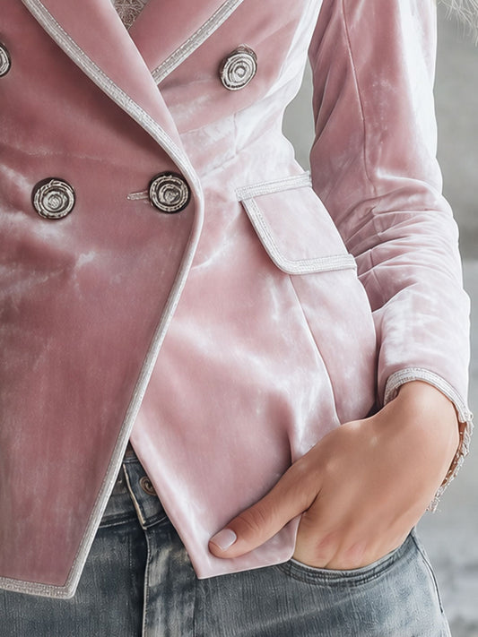Pina&Noir | Vintage Gümüş Kurdele Detaylı Pembe Kadife Blazer