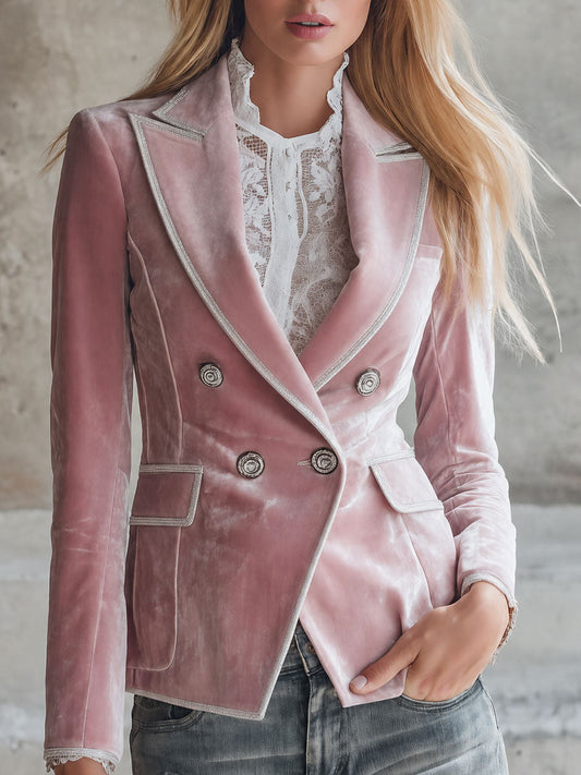 Pina&Noir | Vintage Gümüş Kurdele Detaylı Pembe Kadife Blazer