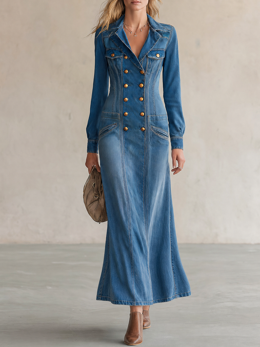 Pina&Noir | Vintage Yıkamalı Western Kot Maxi Elbise, Kruvaze Düğmeli Uzun Kollu