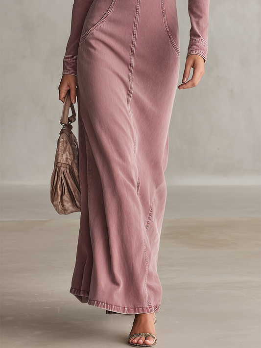Pina&Noir | Vintage Şık Yüksek Yaka Kesik Detaylı Slim Fit Kot Maxi Elbise