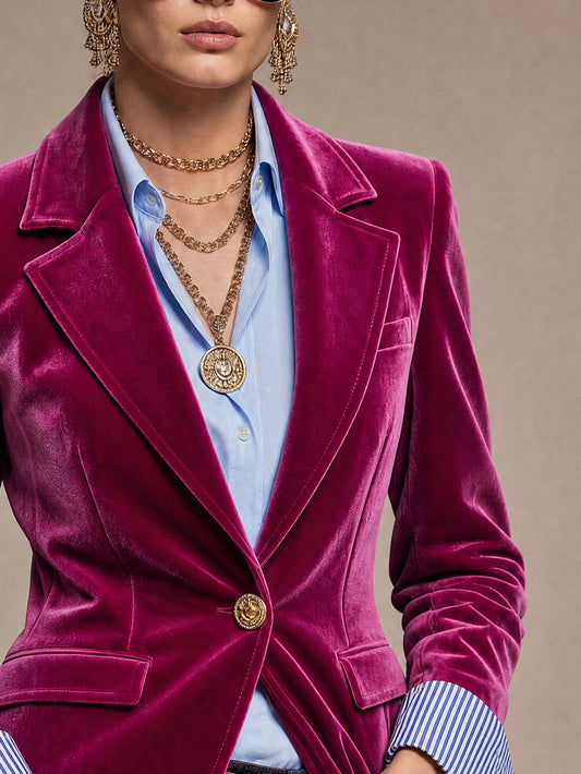 Pina&Noir | Şık Retro Çizgili Parça Birleşimli Fuşya Kadife Blazer