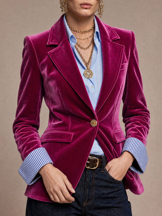 Pina&Noir | Şık Retro Çizgili Parça Birleşimli Fuşya Kadife Blazer