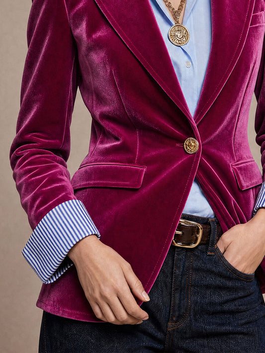 Pina&Noir | Şık Retro Çizgili Parça Birleşimli Fuşya Kadife Blazer