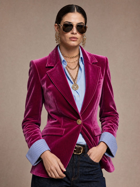 Pina&Noir | Şık Retro Çizgili Parça Birleşimli Fuşya Kadife Blazer