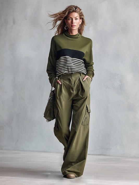 Pina&Noir | Şık Günlük Zeytin Yeşili Çizgili Sweatshirt ve Bol Paça Kargo Pantolon Takımı