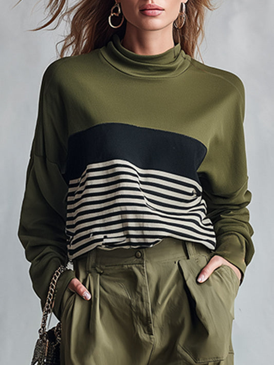 Pina&Noir | Şık Günlük Zeytin Yeşili Çizgili Sweatshirt ve Bol Paça Kargo Pantolon Takımı