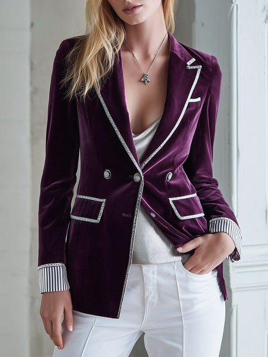 Pina&Noir | Şık Vintage Gümüş Biyeli Koyu Mor Kadife Blazer