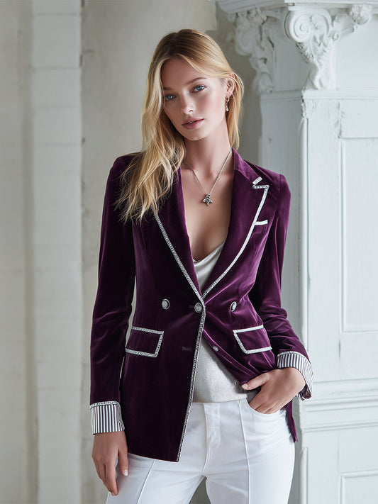Pina&Noir | Şık Vintage Gümüş Biyeli Koyu Mor Kadife Blazer
