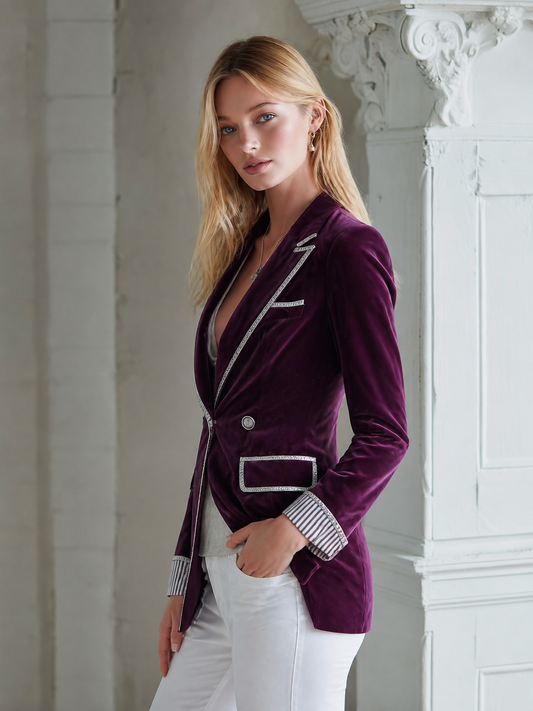 Pina&Noir | Şık Vintage Gümüş Biyeli Koyu Mor Kadife Blazer