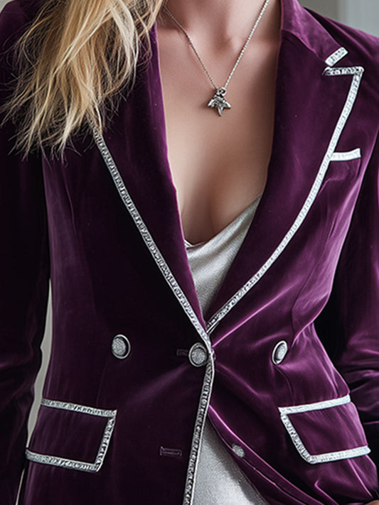 Pina&Noir | Şık Vintage Gümüş Biyeli Koyu Mor Kadife Blazer