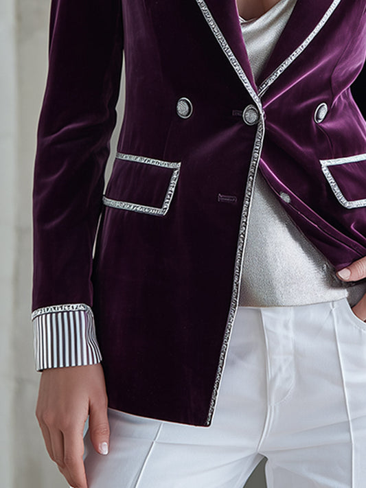 Pina&Noir | Şık Vintage Gümüş Biyeli Koyu Mor Kadife Blazer