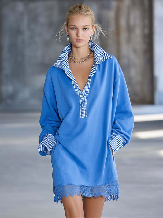 Pina&Noir | Mavi Pamuklu Ekose Yakalı Dantel Etek Uçlu Oversize Yakalı Sweatshirt Mini Elbise