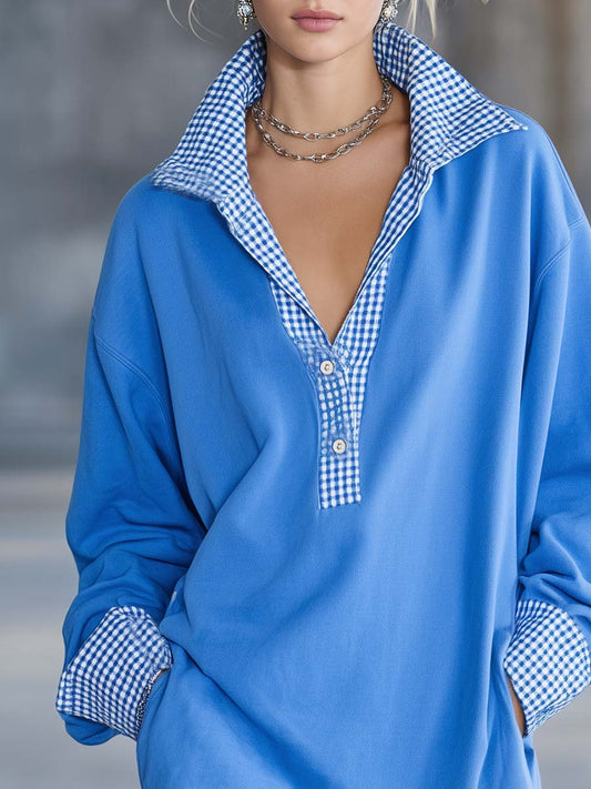 Pina&Noir | Mavi Pamuklu Ekose Yakalı Dantel Etek Uçlu Oversize Yakalı Sweatshirt Mini Elbise