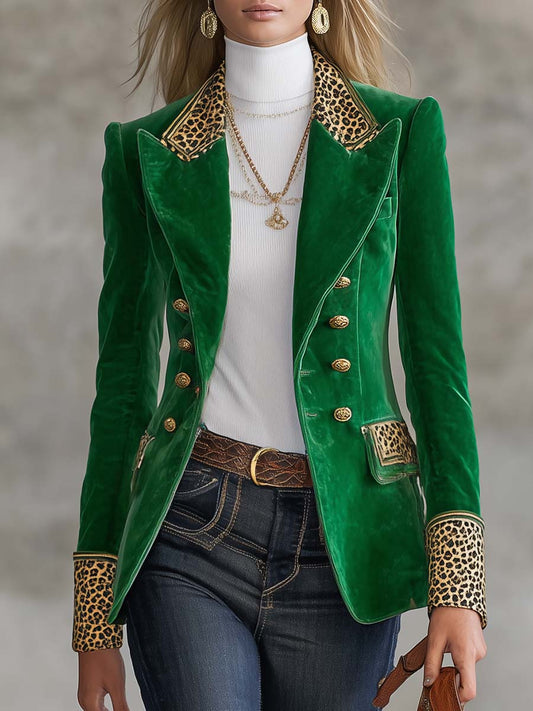 Pina&Noir | Zümrüt Yeşili Kadife Leopar Biyeli Sivri Yakalı Kruvaze Altın Düğmeli Vücuda Oturan Blazer