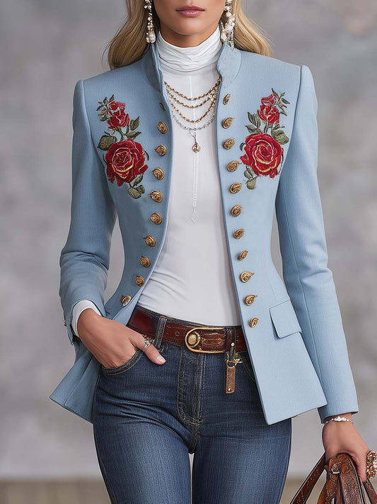 Pina&Noir | Açık Mavi Gül Nakışlı Dik Yaka Altın Düğmeli Vücuda Oturan Askeri Blazer