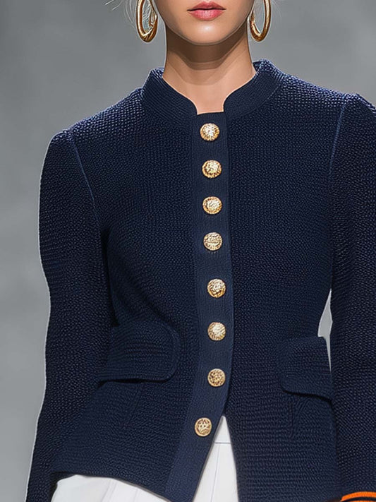 Pina&Noir | Lacivert Triko Dik Yaka Altın Düğmeli Vücuda Oturan Askeri Kazak Blazer