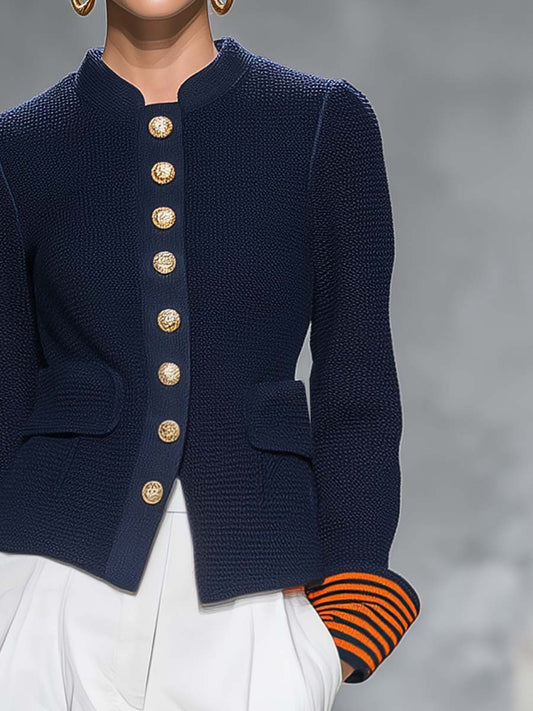 Pina&Noir | Lacivert Triko Dik Yaka Altın Düğmeli Vücuda Oturan Askeri Kazak Blazer
