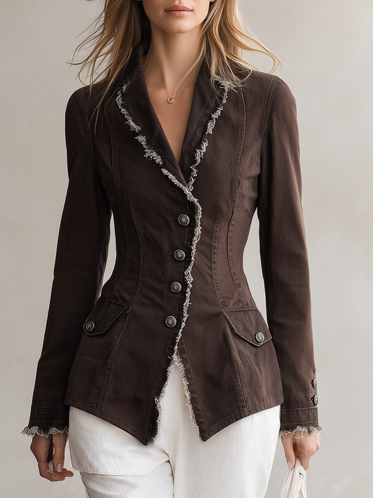 Pina&Noir | Yıpratılmış Detaylı Vücuda Oturan Tek Sıra Düğmeli Sivri Yakalı Kot Blazer Ceket