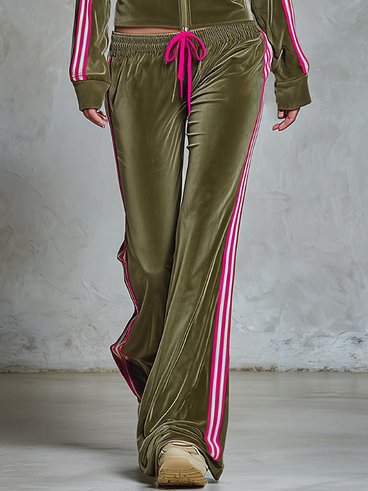 Pina&Noir | Retro Urban Spor Çizgili Detaylı Zeytin Yeşili Kadife Fermuarlı Üst ve Bol Paça Pantolon Takımı