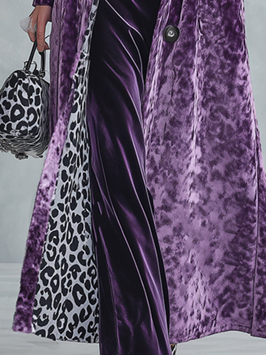 Pina&Noir | Vintage Leopar Desenli Astarlı Koyu Mor Kadife Palto