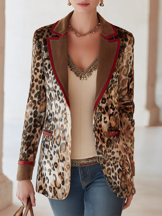 Pina&Noir | Retro Boho Detaylı Kahverengi Leopar Desenli Süet Görünümlü Orta Boy Blazer