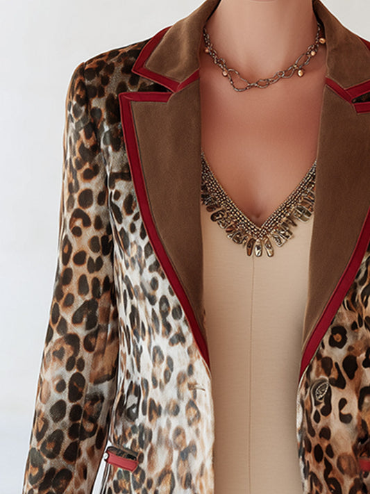 Pina&Noir | Retro Boho Detaylı Kahverengi Leopar Desenli Süet Görünümlü Orta Boy Blazer