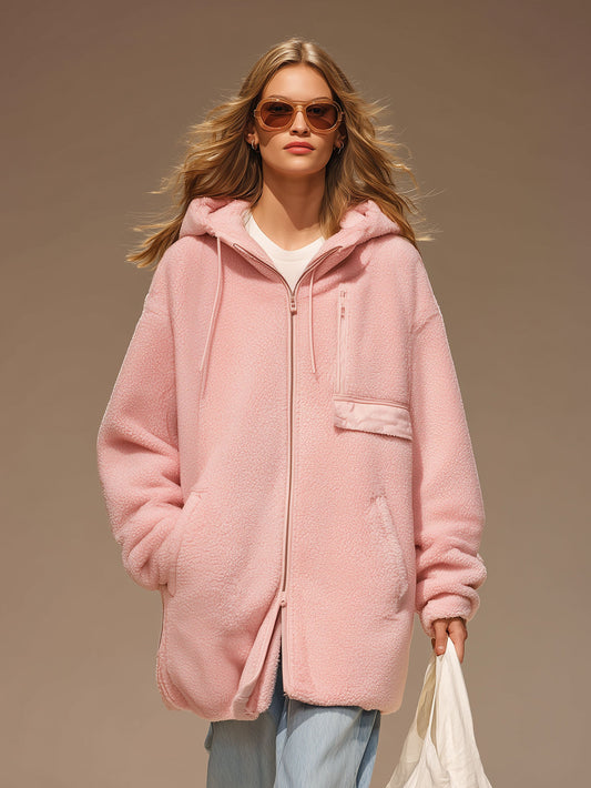 Pina&Noir | Günlük Spor Pembe Polar Fermuarlı Kapüşonlu Mont