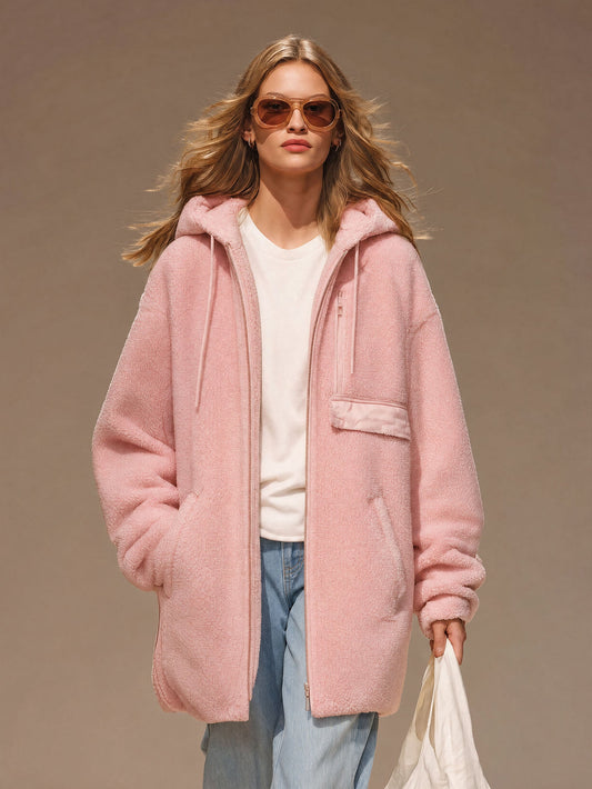 Pina&Noir | Günlük Spor Pembe Polar Fermuarlı Kapüşonlu Mont