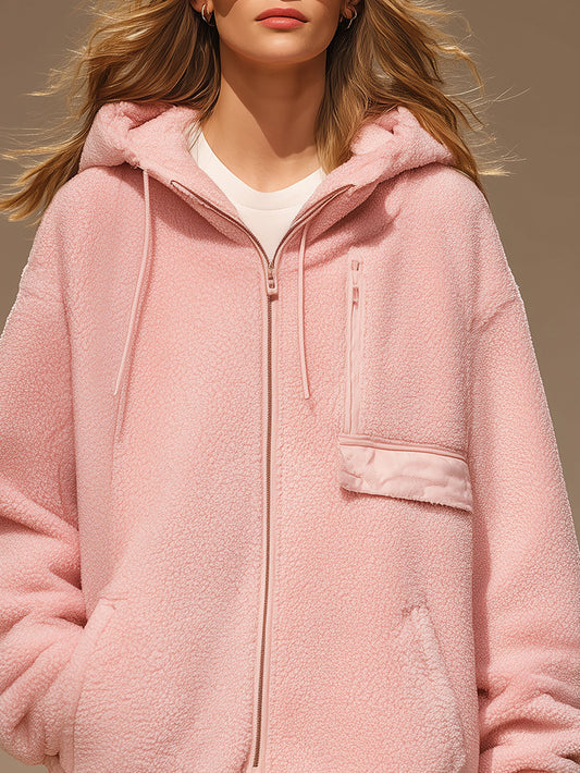 Pina&Noir | Günlük Spor Pembe Polar Fermuarlı Kapüşonlu Mont