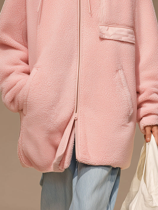 Pina&Noir | Günlük Spor Pembe Polar Fermuarlı Kapüşonlu Mont