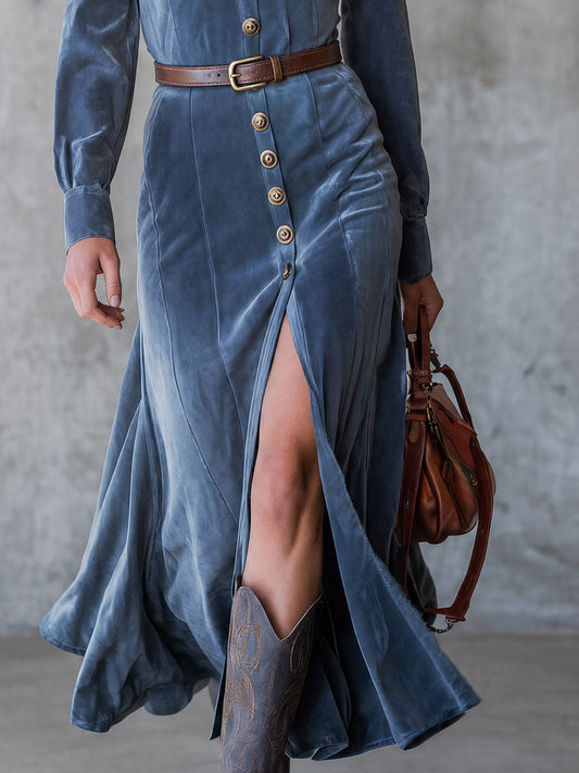 Pina&Noir | Western Retro Mavi Yaka Düğmeli Kadife Maxi Elbise