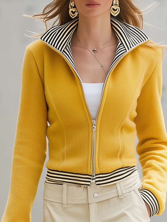 Pina&Noir | Retro Sarı Polar Dik Yaka Çift Fermuarlı Çizgili Detaylı Crop Ceket