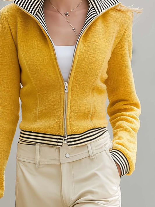 Pina&Noir | Retro Sarı Polar Dik Yaka Çift Fermuarlı Çizgili Detaylı Crop Ceket